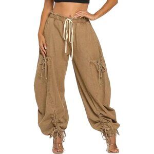 Women Wide Leg Denim Pants Baggy Cargo Joggers Drawstring Bow Casual